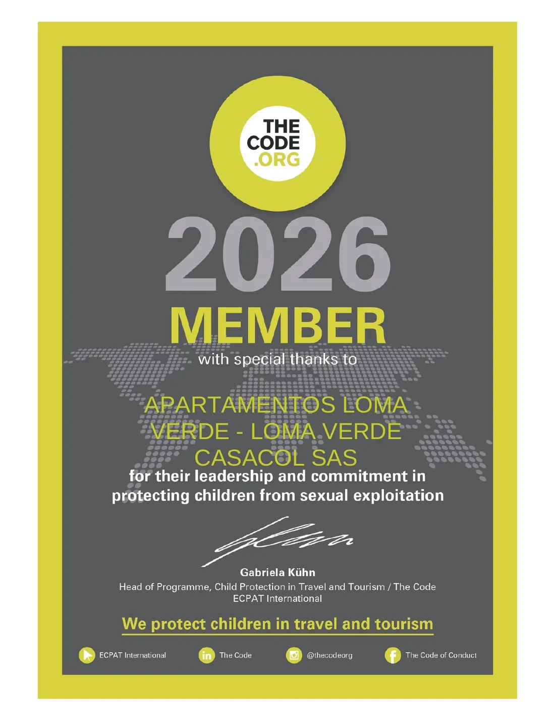 The Code — Member certificate 2026, Apartamentos Loma Verde, for leadership and commitment in protecting children from sexual exploitation